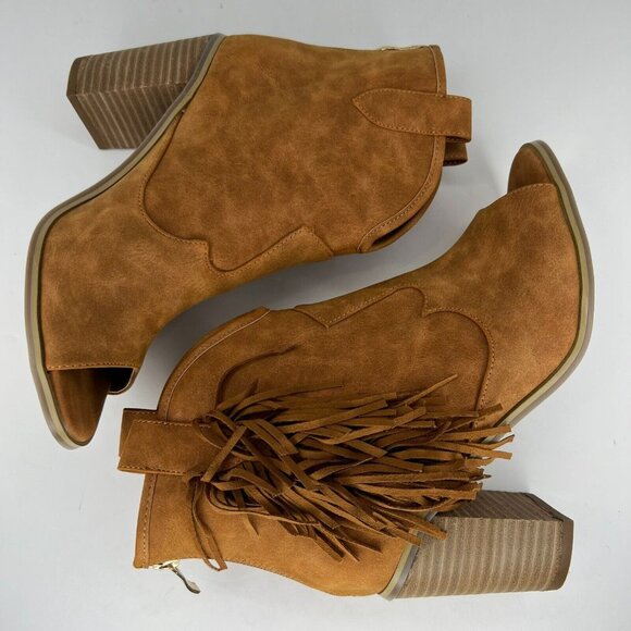 Comfort Womens Brown Fringe Faux Suede Peep Toe Block Heel Size 8 Ankle Bootie - Picture 5 of 9